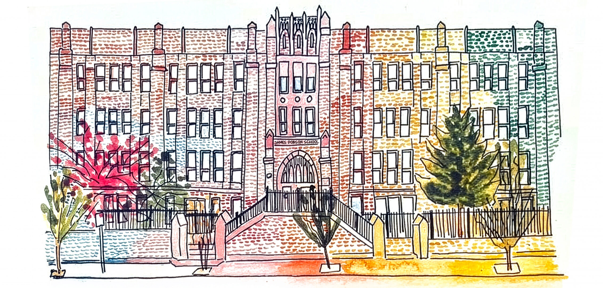 Illustrated drawing of James Dobson School.